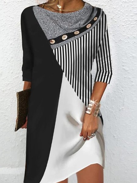Loose Casual Geometric Shawl Collar Dresses, Multicolor, Mini Dresses