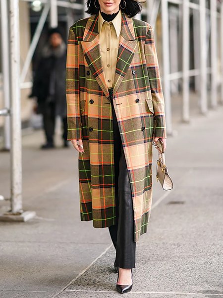 Khaki Daily Long sleeve Lapel Collar Plaid Overcoat, Coats