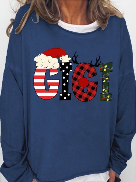 Womens Gigi Christmas Letters Santa Hat Reindeer Christmas Lights Casual Sweatshirt, Dark blue, Hoodies&Sweatshirts