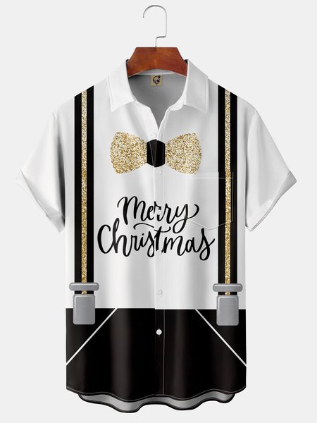 Men's Christmas Print Fashion Hawaiian Lapel Short Sleeve Shirt, White, Short Sleeve Shirts