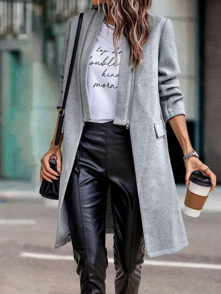 Casual Plain Wrap Overcoat, Gray, Coats