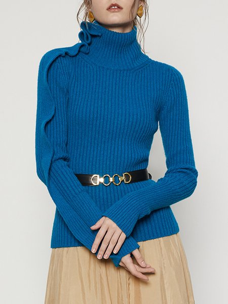 Turtleneck Daily Long sleeve Plain Regular Fit Sweater, Blue, Pullovers