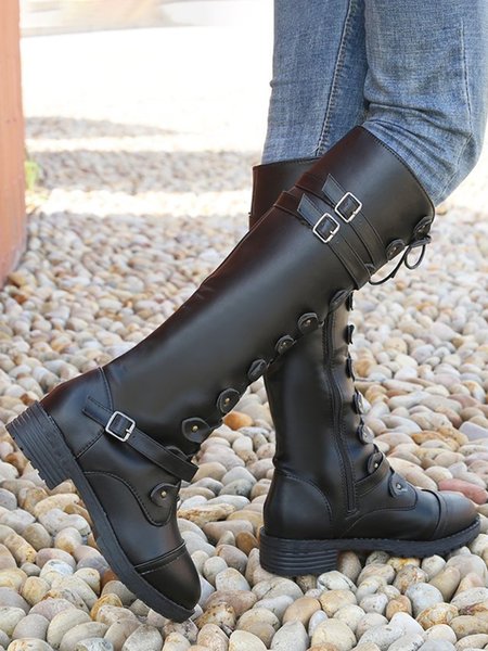 Vintage Rider Boots Chunky Heel Flat Round Toe Buckle Riding Boots, Black, Boots
Vintage Rider Boots Chunky Heel Flat Round Toe Buckle Riding Boots, Black, Boots