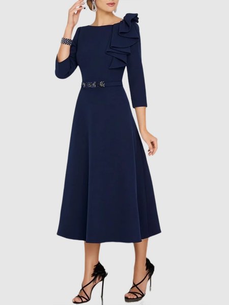 Elegant Plain Flouncing Crew Neck Three Quarter Dress, Navyblue, Dresses