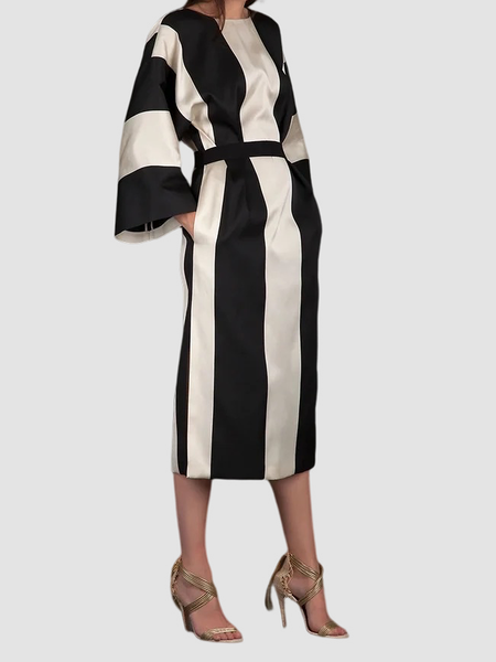 Autumn Crew Neck Long sleeve H-Line Elegant Striped Dress, Stripe, Dresses