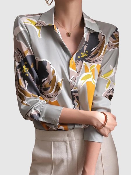 Elegant Floral Shirt Collar Long Sleeve Blouse, As picture, Blouses and Shirts