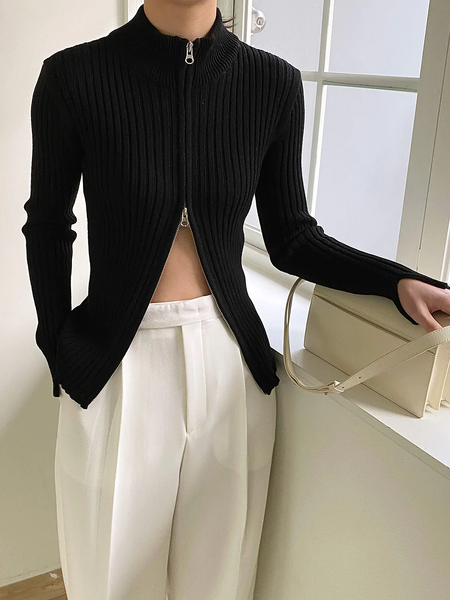 Regular Fit Stand Collar Long sleeve Urban Plain Sweater, Black, Pullovers