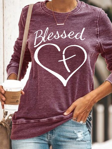 Womens Blessed Cross Heart Crew Neck Sweatshirts, Red, Hoodies&Sweatshirts