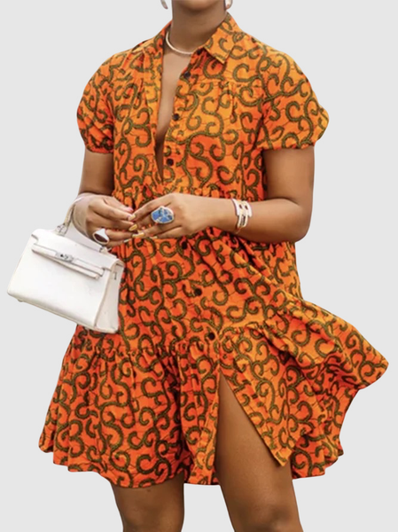 Vacation Abstract Loose Short Sleeve Mini Dress, Orange, Dresses