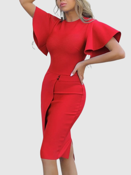 Regular Fit Plain Ruffled Sleeves Elegant Mini Dress, Red, Dresses