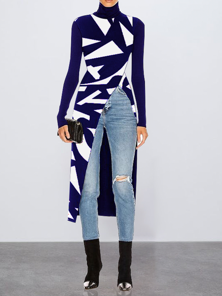 High Turtleneck Long sleeve Elasticity Tight Mid-long Tops, Blue, Linen Tops 
High Turtleneck Long sleeve Elasticity Tight Mid-long Tops, Blue, Linen Tops
