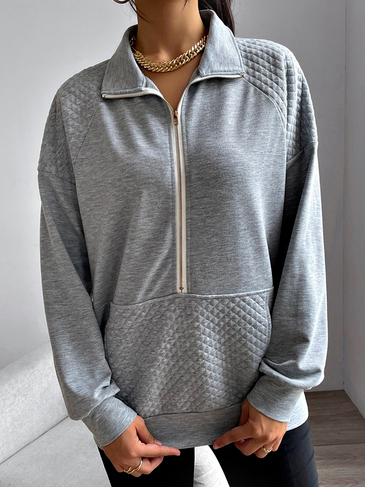 Shawl Collar Plain Casual Sweatshirts, Gray, Sweatshirts & Hoodies