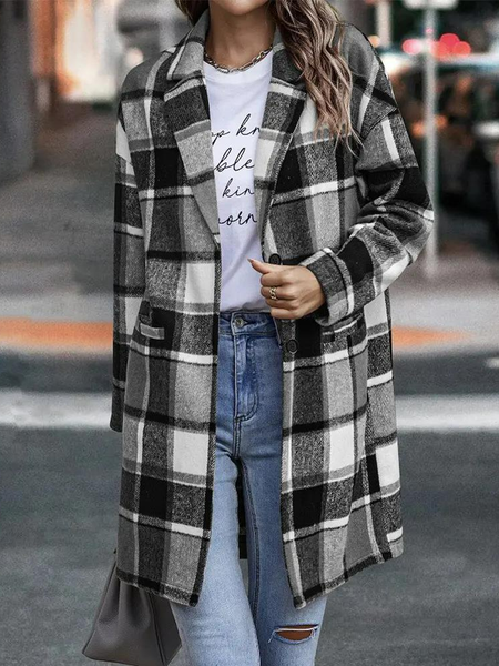 Casual Plaid Print Pocket Detail Long Sleeve Coat, Gray, Outerwear