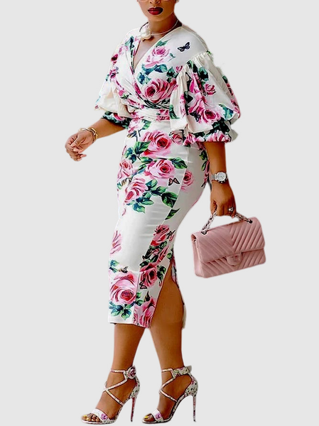 Lantern Sleeve Regular Fit Floral Elegant Midi Dress, Flower, Dresses