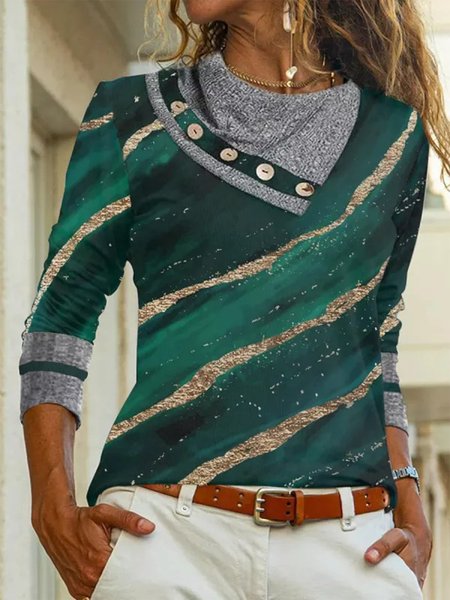 Casual Asymmetrical Buttoned Ombre Tops, Green, T-Shirts