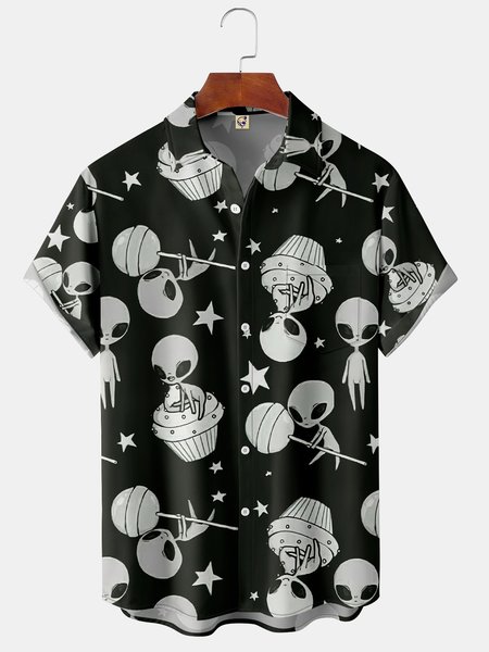 Alien Breast Pocket Short Sleeve Shirt Tech Lapel Print Top, Black, Short Sleeve Shirts
Alien Breast Pocket Short Sleeve Shirt Tech Lapel Print Top, Black, Short Sleeve Shirts
