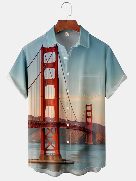 Men's Casual Short Sleeve Hawaiian Shirt with Chest Pocket Print, Blue, Short Sleeve Shirts