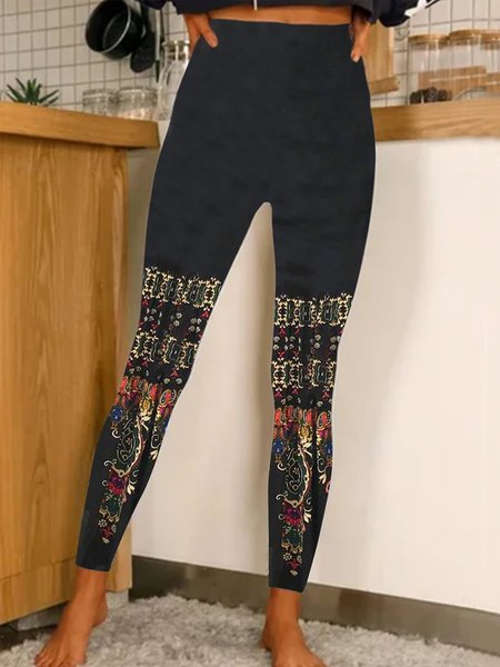 Paisley gradient Print Elastic Waist Leggings plus size, Black, leggings