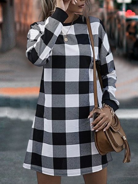 Loose Casual Plaid Crew Neck Dresses, Black, Mini Dresses
