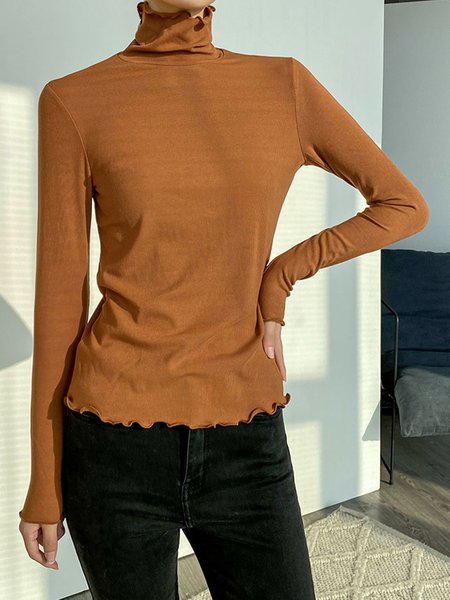 Daily Long sleeve Turtleneck Simple Plain T-Shirt, Tan, Tees