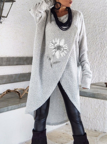 Wool/Knitting Crew Neck Casual Floral Sweater Dress, Gray, Mini Dresses