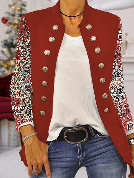 Cross Neck Ethnic Loose Vacation Color Block Jacket, Red, Jackets