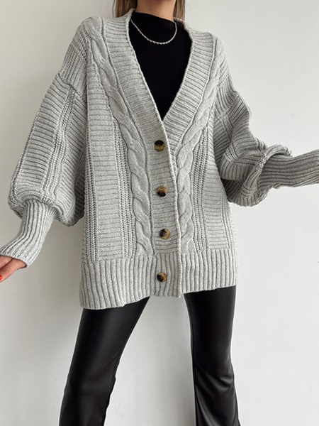 High Elasticity Loose V Neck Long sleeve Sweater Coat, Gray, Cardigans
