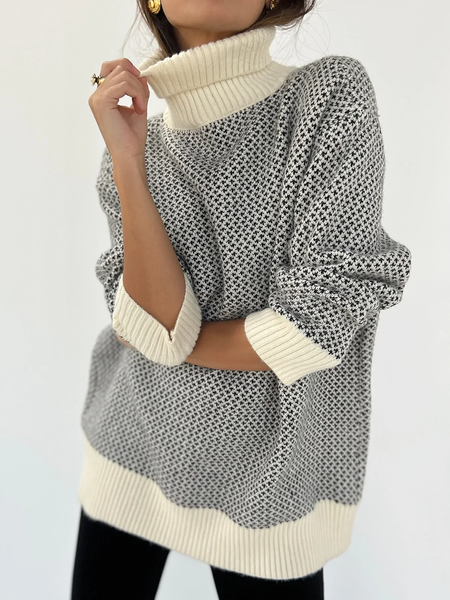 Loose Turtleneck Long sleeve Color Block Sweater, As picture, Pullovers
