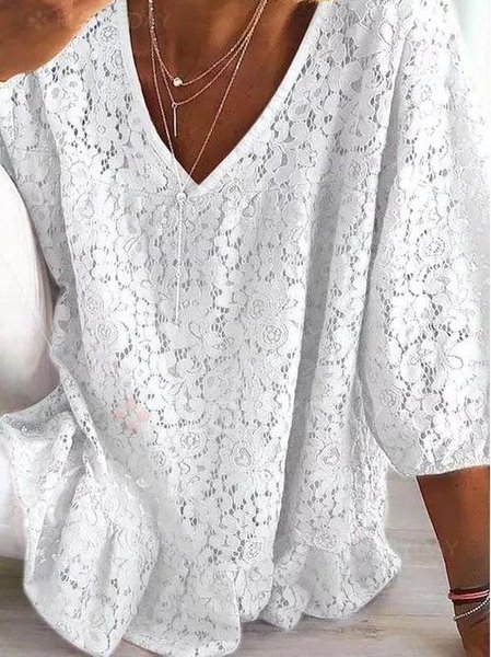 Casual Regular Fit V Neck Tops, White, Tops