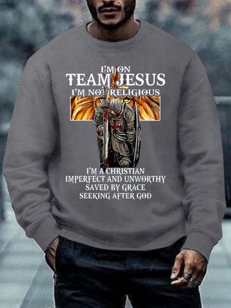 Men Jesus Not Religious Save By Grace Text Letters Regular Fit Crew Neck Sweatshirt, Gray, Hoodies&Sweatshirts