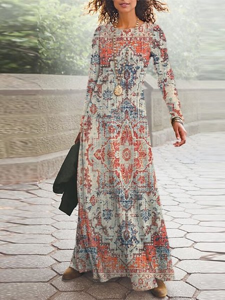 Crew Neck Ethnic Loose Dresses, Multicolor, Dresses