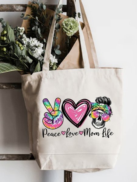 Peace Love Mom Life Shopping Tote, White, Bags