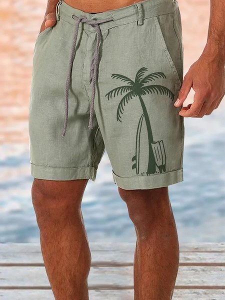 Mens Cotton and Linen Hawaiian Vacation Shorts Coconut Tree Print Bottom, Aqua, Men's shorts