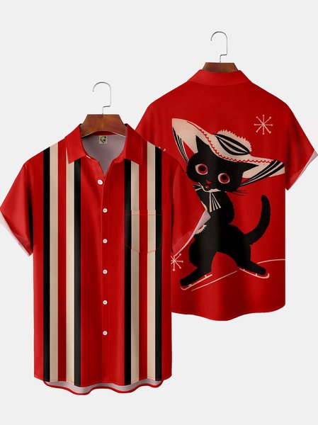 Men's Casual Short Sleeve Hawaiian Shirt with Chest Pocket Print, Red, Short Sleeve Shirts