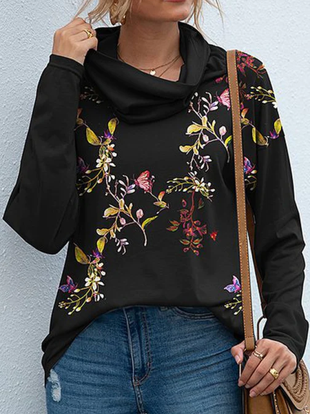 Floral Crew Neck Casual Sweatshirts, Black, Sweatshirts & Hoodies