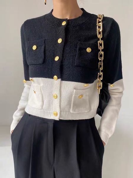 High Elasticity Loose Urban Crew Neck Long sleeve Sweater Coat, Black-white, Cardigans