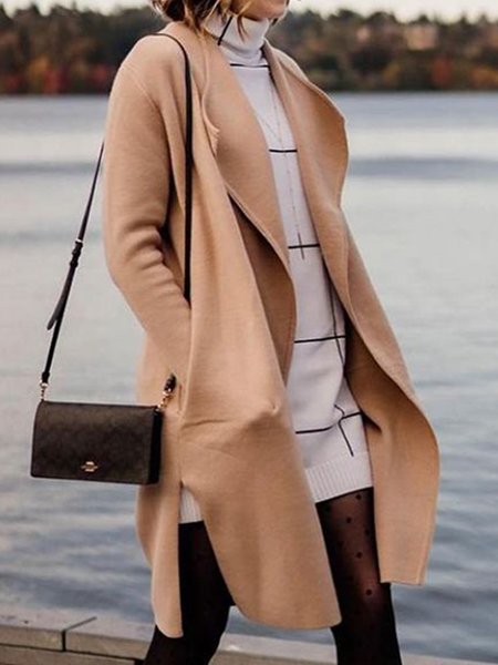 Classy Open Front Knit Coat In Khaki, Outerwear