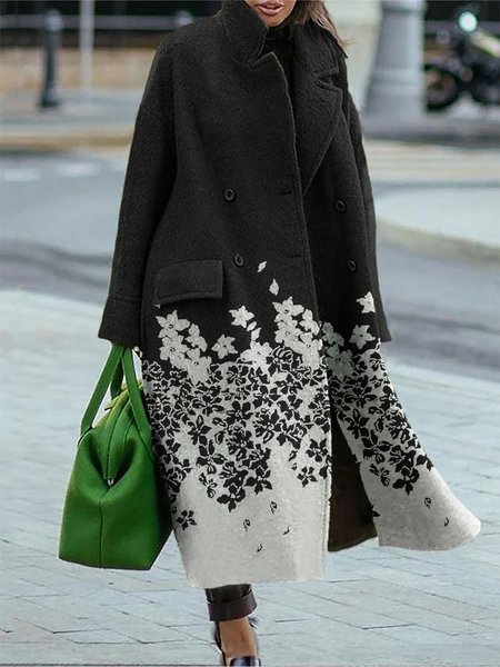 Floral Lapel Collar Urban Long Sleeve Overcoat, Black-white, Coats