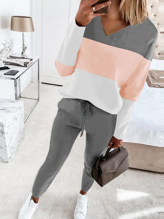 Casual V Neck Color Block Two Piece Sets, Pink, Suit Set