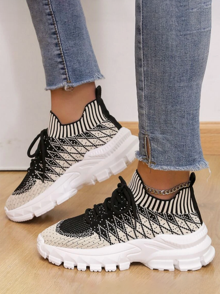 Geometric Lightweight Flyknit Platform Lace-Up Sneakers, Beige, Sneakers
Geometric Lightweight Flyknit Platform Lace-Up Sneakers, Beige, Sneakers