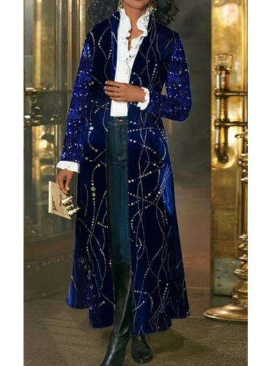 Velvet Casual Loose Overcoat, Blue, Outerwear
