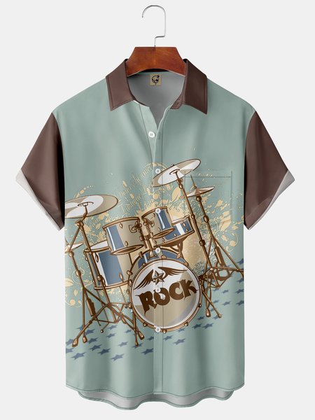 Men's Casual Hand-painted Drum Sets Hawaiian Short Sleeve Shirt, Green, Short Sleeve Shirts