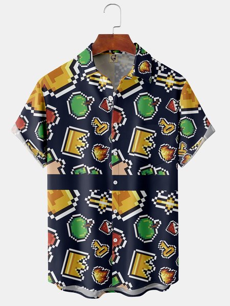 Men's Games Hawaiian Lapel Short Sleeve Shirt, Blue, Short Sleeve Shirts