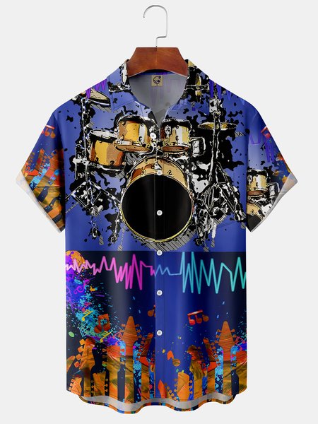 Men's Music Hawaiian Lapel Phonogram Drum Sets Short Sleeve Shirt, Blue, Short Sleeve Shirts