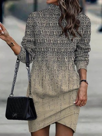Casual Stand Collar Ethnic Dress, Khaki, Dresses