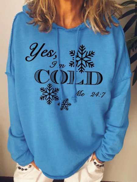 Women I’m Cold Letters Loose Text Letters Hoodie Sweatshirts, Blue, Hoodies&Sweatshirts