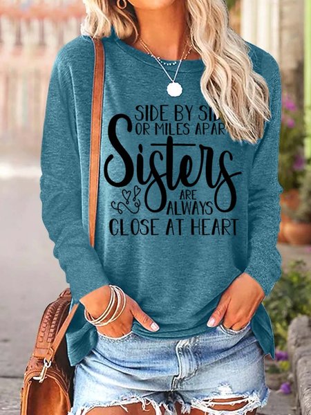 Women Sisters Side By Side Close At Heart Letters Crew Neck Top, Green, Long sleeves