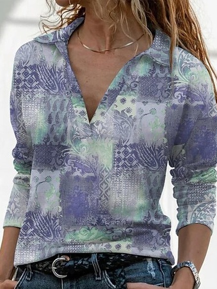 Floral Ethnic Casual Shawl Collar Tops, Light purple, Tops