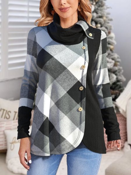 Turtleneck Loose Plaid Casual T-Shirt, Black, Tops