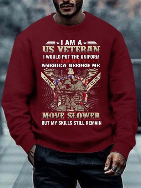 Men Veteran Put The Uniform Move Slower Text Letters Crew Neck Casual Sweatshirt, Red, Hoodies&Sweatshirts